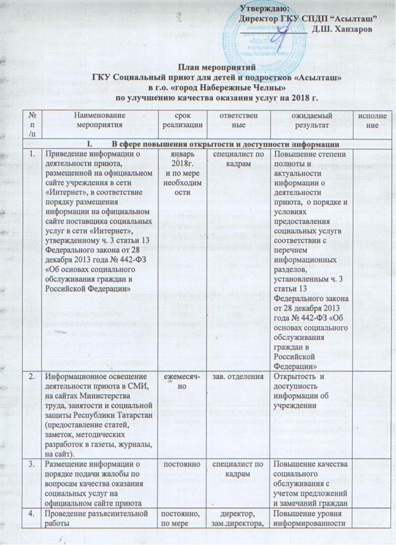 План мероприятий по улучшению качества оказания услуг на 2018 год