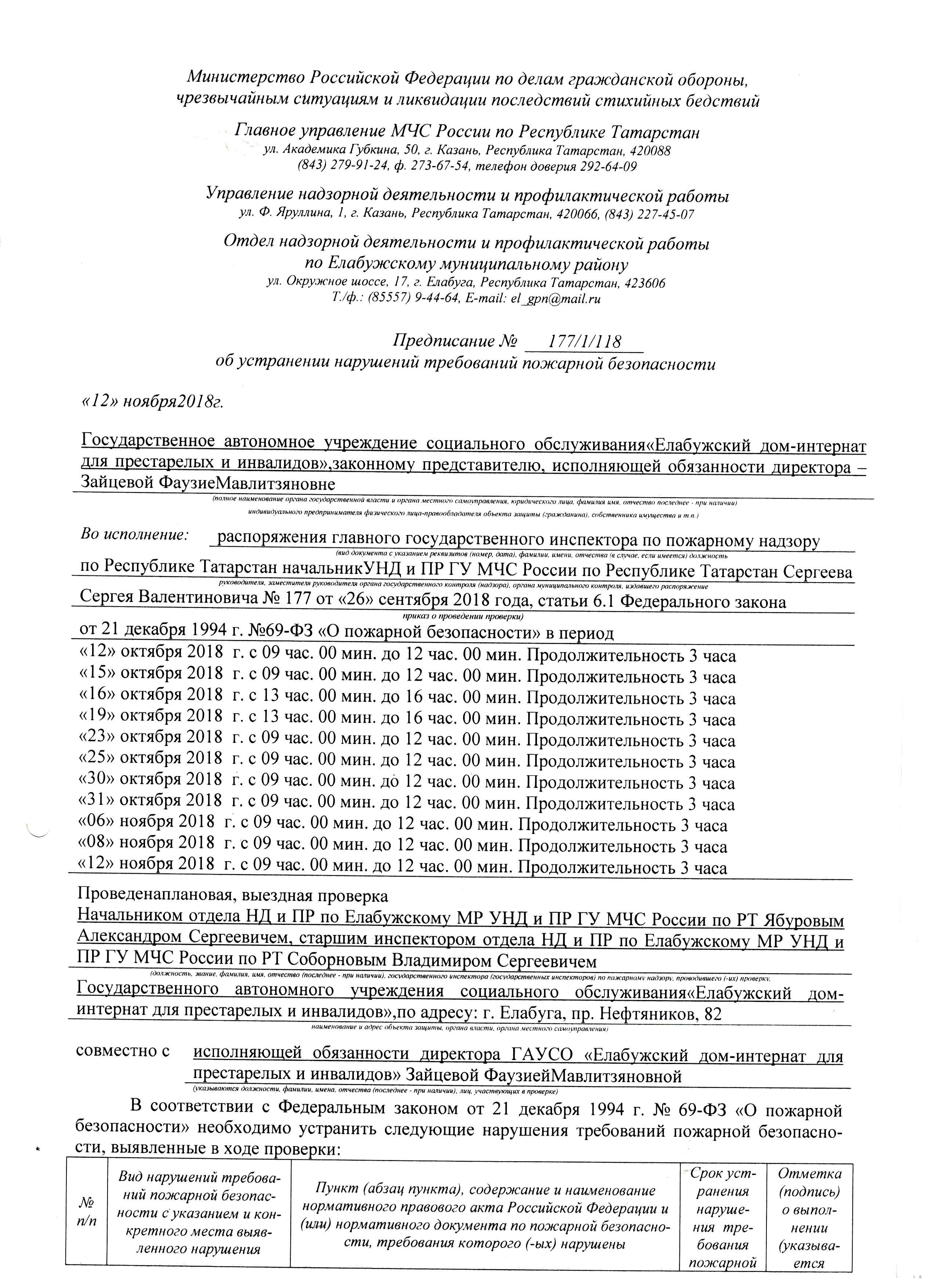 Проверка отдела НД и ПР по Елабужскому МР УНД и ПР ГУ МЧС России по РТ